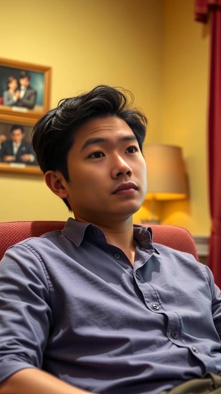 Subject: Ken looking frustrated. Scene: A close-up of Ken sitting at his desk in a modern office, the clutter of paperwork and office supplies evident around him. Style: Soft, ambient lighting emphasizing the tension in his expression. Motion: The camera slowly pushes in on Ken's face, capturing a moment of stillness as he leans back in his chair, his dry expression reflecting his irritation.