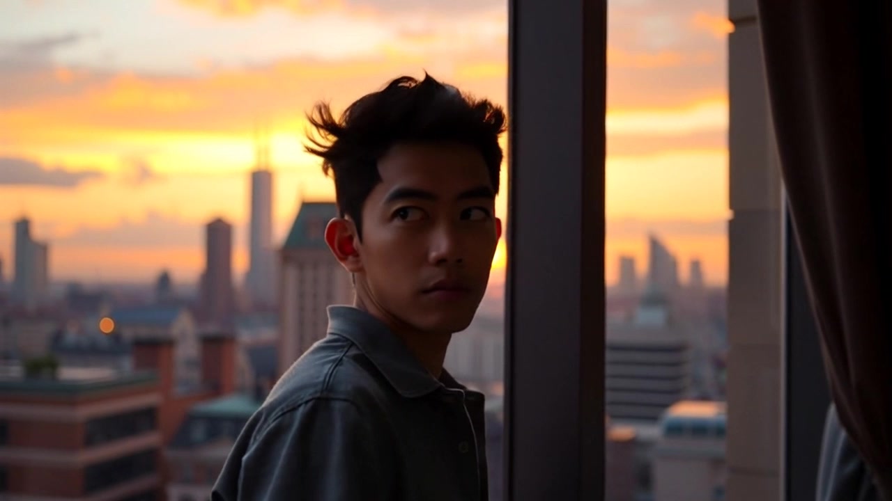 Subject: Ken standing pensively at a window. Subject movement: He gazes thoughtfully out at the city skyline, shifting slightly to absorb the view. Scene: A cozy interior with warm tones, framed by the window showcasing a vibrant sunset illuminating the skyline. Style: Soft, golden-hour lighting accentuating the rich colors of the sunset and the city's silhouette. Motion: The camera slowly pushes in, capturing Ken's expression while simultaneously revealing the breathtaking panorama of the skyline glowing under the twilight.