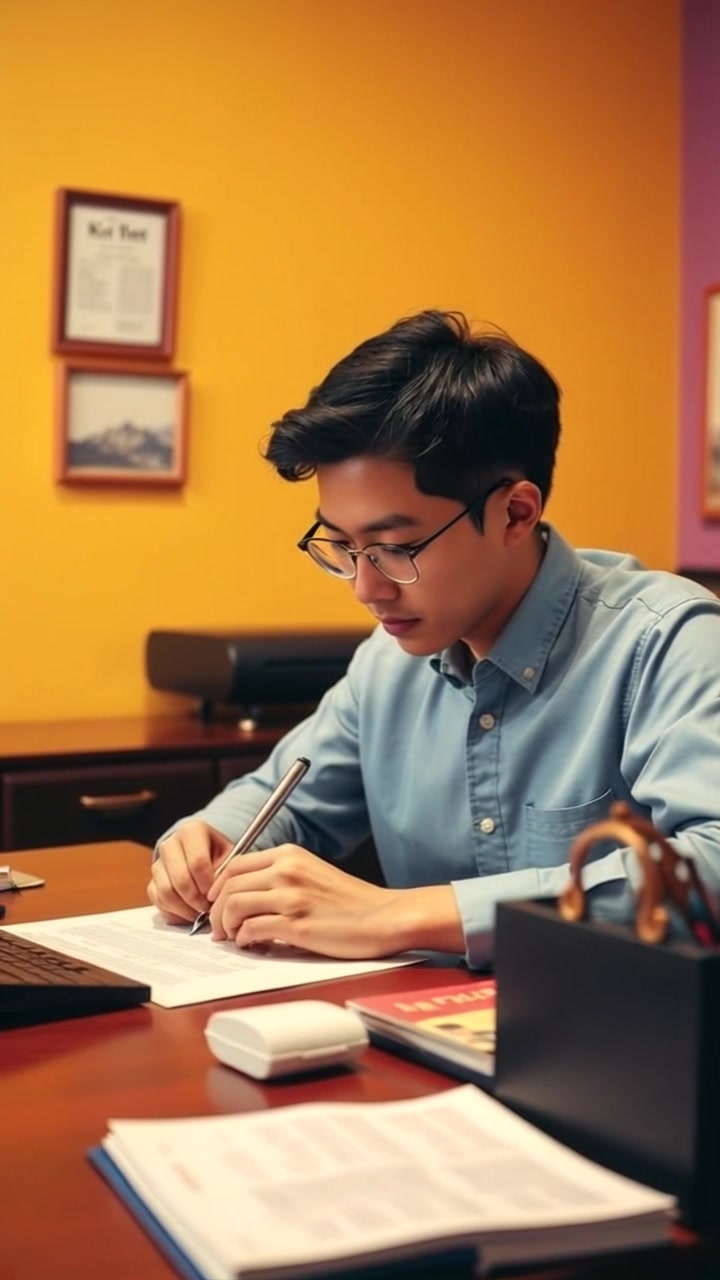 Scene: An intimate workspace filled with scattered papers, a pen, and a focused individual typing at a desk. Style: Soft, ambient lighting creating a calm and productive atmosphere. Motion: Camera gently pushes in towards the individual, capturing the flurry of activity as they write, while framed documents subtly flutter with the movement.