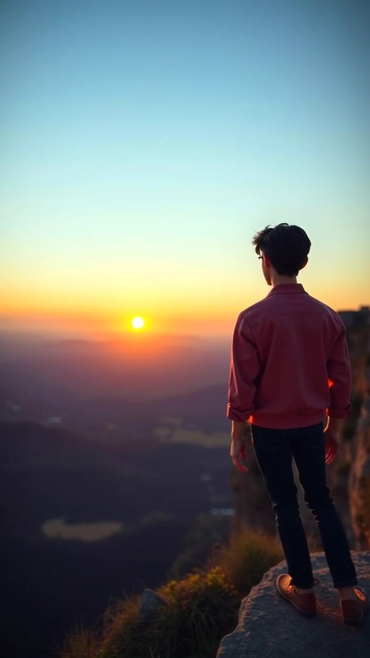 Subject: A Ken doll standing in a heroic pose on a cliff. Subject movement: The Ken stands resolutely, arms slightly extended as if embracing the view. Scene: A sweeping vista of valleys and mountains under a vibrant sunset sky, showcasing a rich array of colors blending into one another. Style: The warm, golden light of sunset bathes the scene in a soft glow, lending an inviting atmosphere. Motion: The camera slowly pushes in, capturing the grandeur of the landscape as it highlights the doll's stance against the breathtaking backdrop.