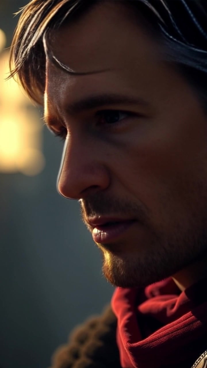 Scene: A close-up of a contemplative face, shadows playfully accentuating the features against a dimly lit backdrop. Style: Soft, moody lighting creates an intimate atmosphere, enhancing the subject's expression. Motion: The camera slowly pushes in on the face, capturing subtle changes in emotion as the shadowy backdrop ebbs and flows, immersing viewers into a moment of deep reflection.