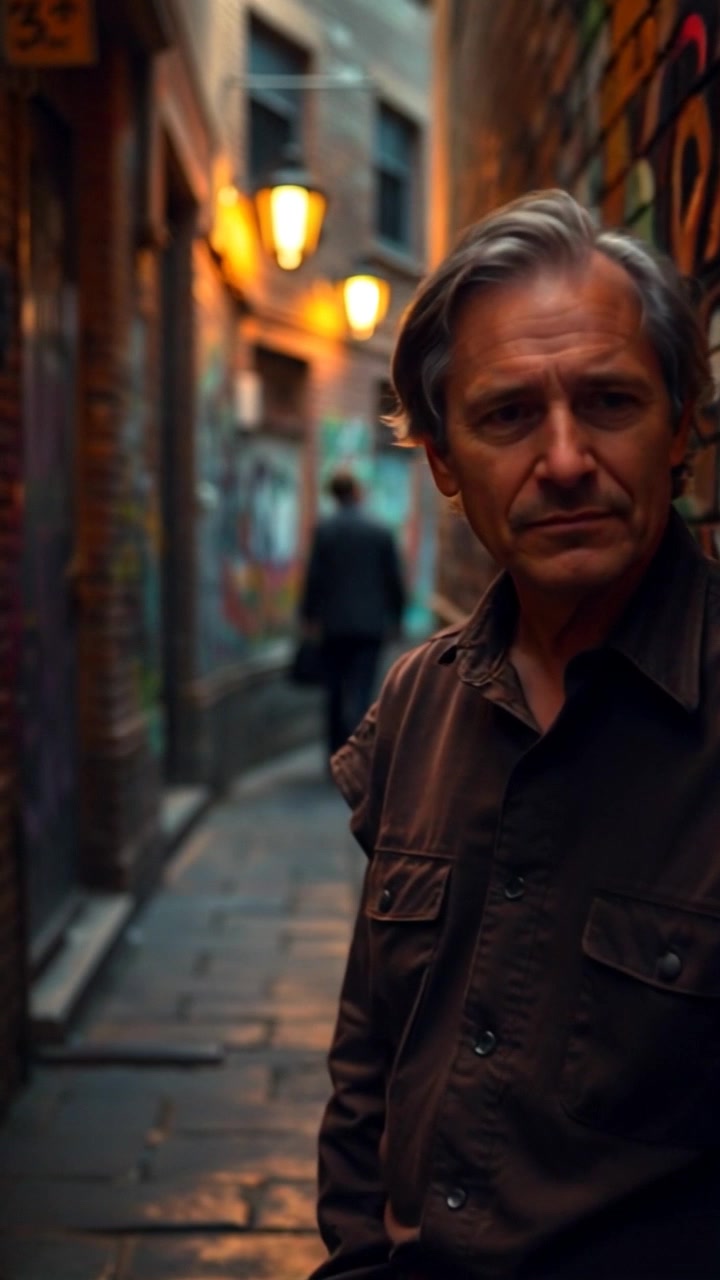 Scene: A dimly lit alleyway adorned with vibrant graffiti-covered brick walls, evoking a gritty urban atmosphere. Style: Ambient lighting with dramatic shadows highlighting the rough textures of the surroundings. Motion: The camera moves in smoothly, dolly-in towards Mark, who stands still, absorbing the surroundings, creating a sense of introspection in this dynamic environment.