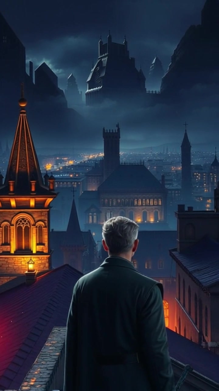 Scene: A solitary figure on a rooftop at night, gazing over a sprawling, dark cityscape dotted with twinkling lights. Style: Cool, nighttime ambiance with a hint of mystery, highlighting the contrast between shadows and urban illumination. Motion: The camera slowly zooms in on the figure, capturing the tense atmosphere, then smoothly pans across the skyline, showcasing the vastness of the city below.