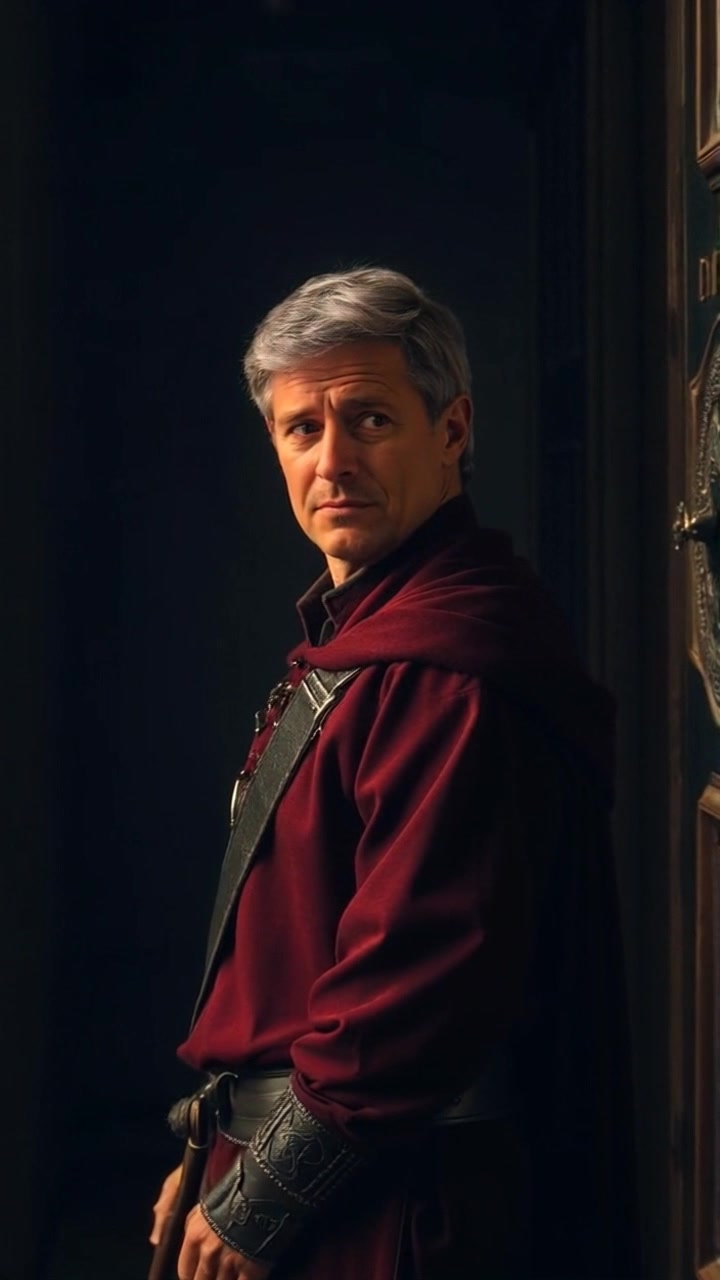 Scene: A dimly lit hallway with muted colors, creating an atmosphere of tension and uncertainty. Style: Subtle lighting casts elongated shadows, drawing the eye to the character's concerned expression. Motion: Handheld camera slowly approaches Mark, capturing the weight of his gaze and the quiet intensity of the moment.