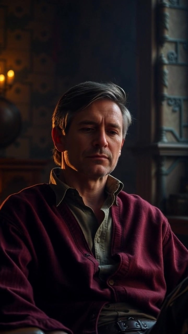 Scene: A dimly lit room filled with shadows, with a single light source casting an intimate glow around Mark, who appears deep in thought. Style: Moody lighting enhances the contemplative atmosphere, highlighting the contours of his face and the subtle textures of the surroundings. Motion: The camera slowly pushes in on Mark's face, emphasizing his resigned expression, creating an intimate connection with the viewer as the surrounding shadows shift gently.