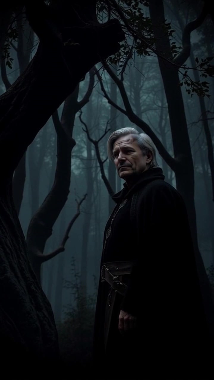 Subject: A figure standing at the edge of a dark forest. Subject movement: The figure turns slowly, peering into the ominous shadows of the trees. Scene: A shadowy forest with dense, twisting trees that loom menacingly. Style: Dim, moody lighting with heavy shadows creates an atmosphere of suspense and mystery. Motion: The camera gently pushes in closer to the figure, capturing the tension as the forest seems to breathe around them.