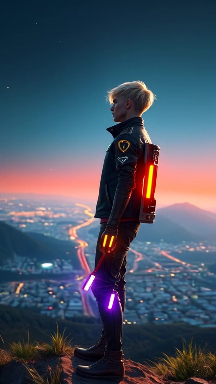 Subject: A person standing atop a hill. Subject movement: The person gazes determinedly at the horizon, with a sense of purpose. Scene: A scenic hilltop overlooking a vast landscape bathed in warm, golden light at sunset. Motion: The camera begins with a wide shot capturing the expansive view from behind the subject, then glides smoothly around to a close-up of the person's contemplative expression, with gentle panning to reveal the horizon. Atmosphere: Inviting and inspirational, evoking a sense of hope and possibility.