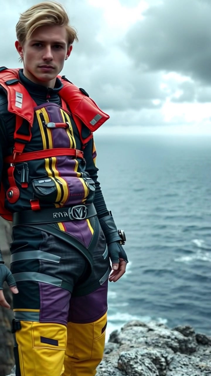 Subject: A young man standing on a rocky cliff. Subject movement: He gazes thoughtfully at the vast ocean below, his silhouette framed against the dramatic backdrop. Scene: Rocky cliff overlooking a turbulent ocean under a moody, cloudy sky, emphasizing the grandeur of nature. Style: Cool, subdued lighting amplifying the atmosphere's intensity. Motion: A slow, dramatic panning shot across the cliff's edge, revealing the waves crashing against the rocks with a gentle zoom towards the horizon.