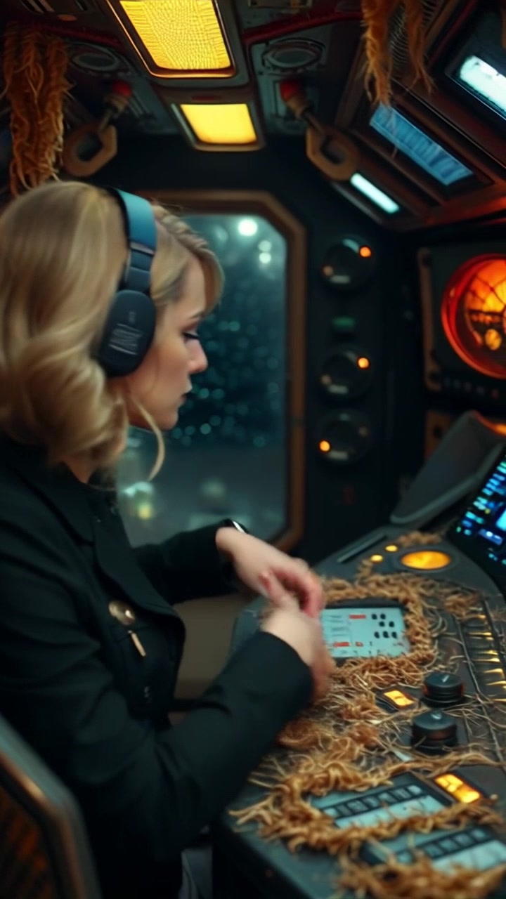 Subject: A person at a spaceship control panel. Subject movement: The person energetically adjusts controls while glancing at various screens. Scene: The interior of a spaceship, notably covered in cat hair, with illuminated control panels and a starry backdrop visible through a window. Style: Soft ambient lighting reflecting off the metallic surfaces, creating a cozy yet futuristic atmosphere. Motion: The camera performs a dynamic push-in toward the control panel, capturing the intricate details of the spaceship's interior as the person engages with the environment.