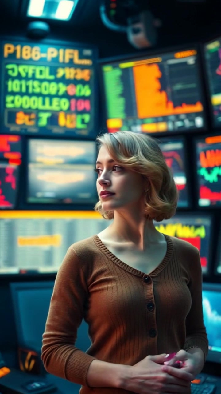 Subject: A young woman named Ashley stands in a control room filled with rapidly flashing monitors. Subject movement: She looks around anxiously, her hands moving slightly as she tries to process the data on the screens. Scene: Inside a modern control room, screens displaying complex data and graphs illuminate the space. Style: Ambient, with a stark contrast between the bright screens and the dimly lit room. Motion: The camera pans swiftly from Ashley's anxious expression to the various monitors, highlighting the increasing intensity of the data streaming across them.