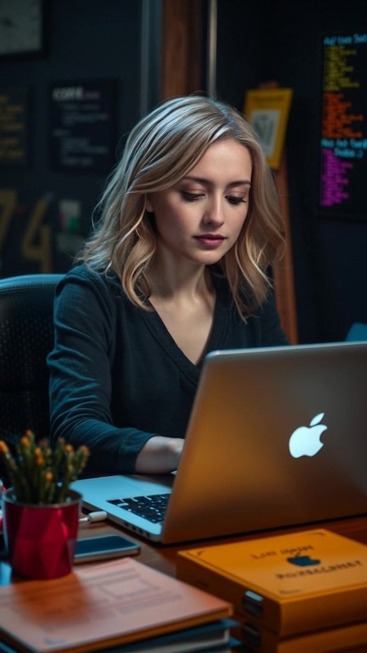 Scene: A focused workspace featuring Ashley at a desk cluttered with coding books and scattered notes, deep in thought while typing on a laptop. Style: Soft ambient lighting creates a cozy atmosphere, enhancing the concentration in the room. Motion: The camera gently pushes in, capturing the subtle movements of Ashley's fingers dancing across the keyboard, while the background softly blurs, emphasizing the intensity of the moment.