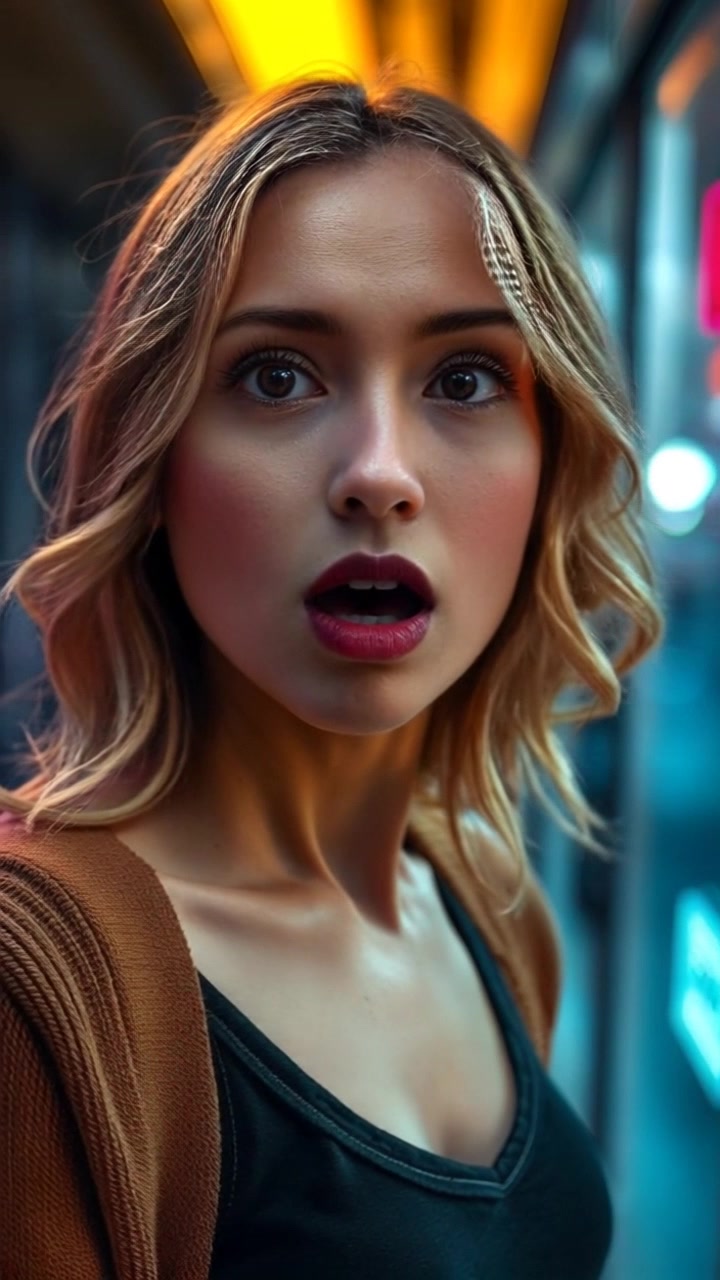 Subject: A woman with a shocked expression, mouth open in surprise. Scene: A vibrant urban street filled with unexpected happenings, such as street performers and passersby. Style: Bright daylight accentuating the energy of the scene, with a bustling atmosphere. Motion: The camera performs a dramatic panning shot to capture her reaction as she turns her head towards the unexpected event, her expression slowly shifting from shock to curiosity.
