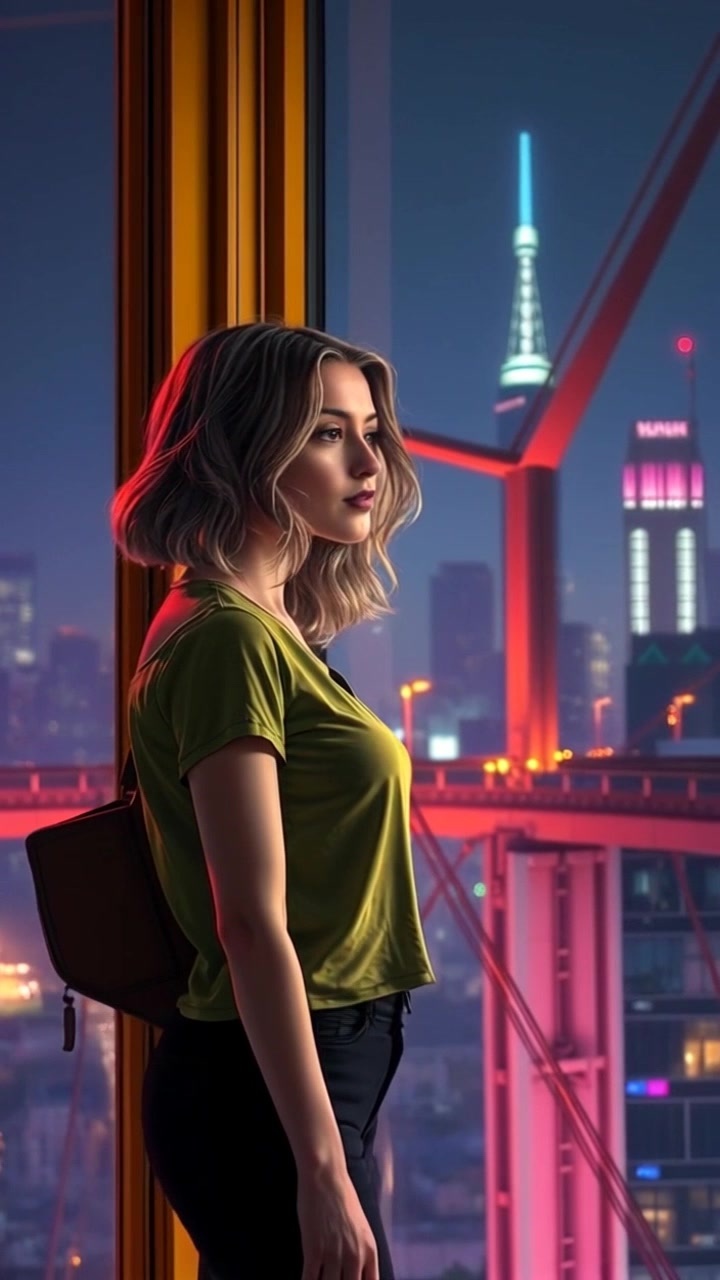 Subject: A person standing by a window. Subject movement: The person gazes thoughtfully at the city skyline, occasionally shifting their weight from foot to foot. Scene: A cozy room with a large window framing a vibrant city skyline at dusk. Style: Warm, ambient light spilling in from the window, highlighting the contours of the room. Motion: The camera begins with a close-up of the person's contemplative expression, then slowly pulls back to reveal the expansive view of the city, capturing the twinkling lights as night falls.