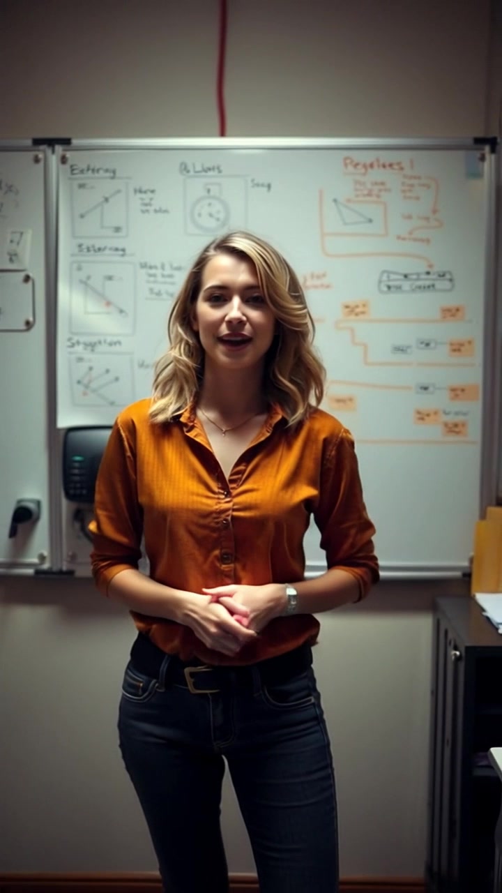 Subject: A confident individual standing in front of a whiteboard, actively engaging with the audience. Subject movement: The individual gestures animatedly while explaining concepts, their posture radiating assurance. Scene: A bright, modern classroom filled with educational materials and a collaborative atmosphere. Style: Well-lit with natural light streaming from large windows, creating an inviting environment. Motion: The camera slowly zooms in on the individual as they emphasize key points, capturing their enthusiasm and connection with the audience.