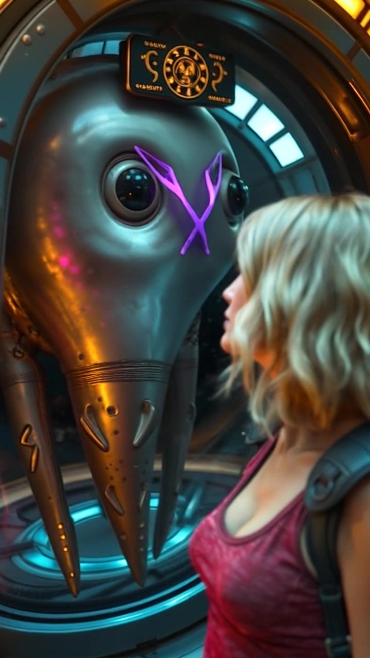 Scene: An exasperated individual looking out of a spaceship window at a giant, swirling space squid floating in the cosmos. Style: The vastness of space illuminated with shimmering stars, contrasted against the dark void. Motion: The camera performs a dramatic push-in towards the window, capturing the individual's expression closely as the squid undulates gracefully in the background, enhancing the tension of the moment.