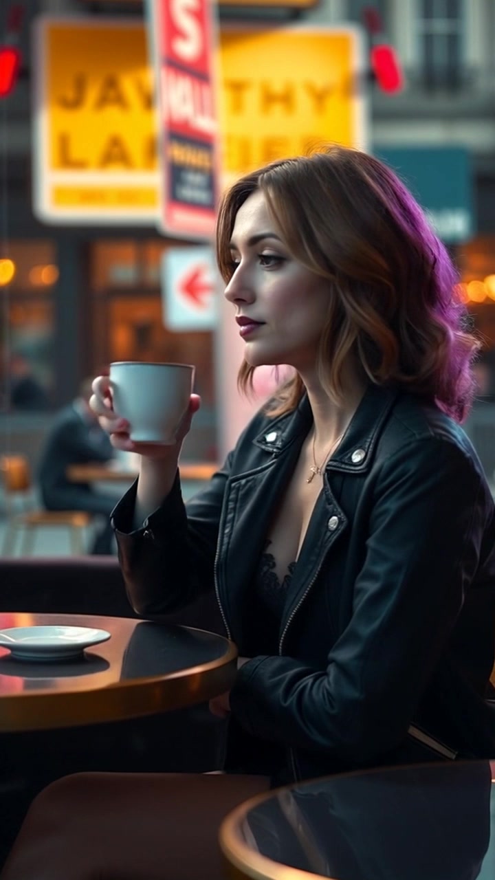 Subject: A person sitting at a cafe table, holding a cup of coffee. Subject movement: The person gazes thoughtfully out the window, occasionally taking sips of coffee. Scene: Cozy cafe ambiance with warm wooden textures and vibrant plants in the background. Style: Soft, morning light filtering through the window, casting gentle shadows on the table. Motion: Camera slowly pushes in for an intimate close-up of the person's expression, emphasizing their contemplative mood.