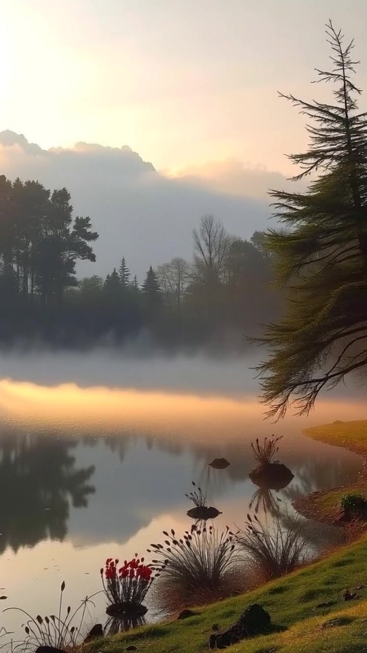 Scene: A peaceful landscape at dawn with soft mist rising from a tranquil lake, surrounded by lush trees. Style: The lighting is soft and ambient, capturing the serene hues of early morning. Motion: The camera glides slowly across the lake surface, revealing the mist and the gentle sway of the trees as the scene unfolds.