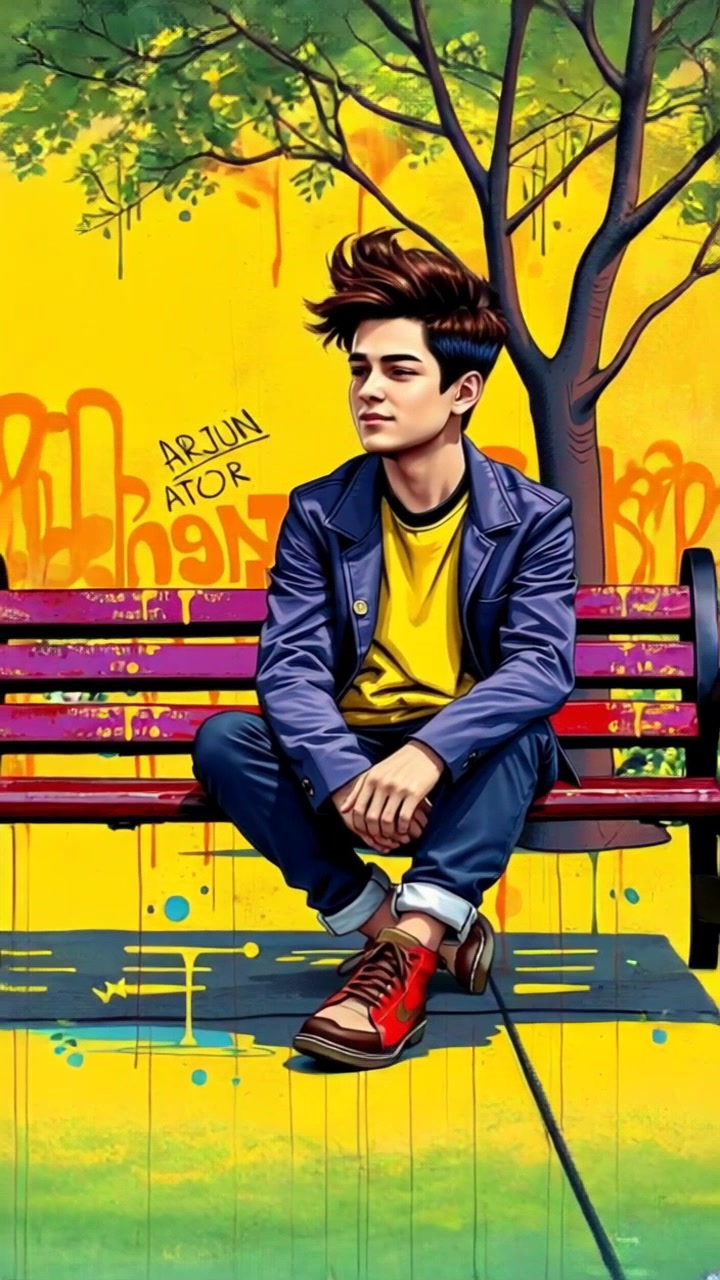 Subject: Arjun sitting alone on a park bench. Subject movement: Arjun subtly shifts his gaze from the ground to the surrounding trees, allowing a soft smile to spread as he observes the scene. Scene: A tranquil park setting with lush greenery and vibrant flowers in full bloom around the bench. Style: Warm, inviting light streaming through the leaves, casting soft shadows on the ground. Motion: Camera slowly pushes in on Arjun to capture his contemplative expression, then gently pans to reveal the serene park environment enveloping him.