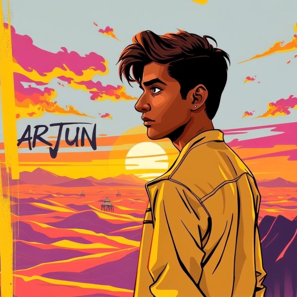 Subject: A young man standing on a cliffside. Subject movement: He gazes thoughtfully over a vast landscape with rolling hills, the breeze gently billowing his shirt. Scene: The cliffside overlooks an expansive, vibrant sunset painting the sky in shades of orange and purple, with hills stretching far into the distance. Motion: The camera performs a slow push-in towards Rohan, capturing his profile against the breathtaking backdrop, while the ambient sunset lighting bathes the scene in a warm, serene glow.