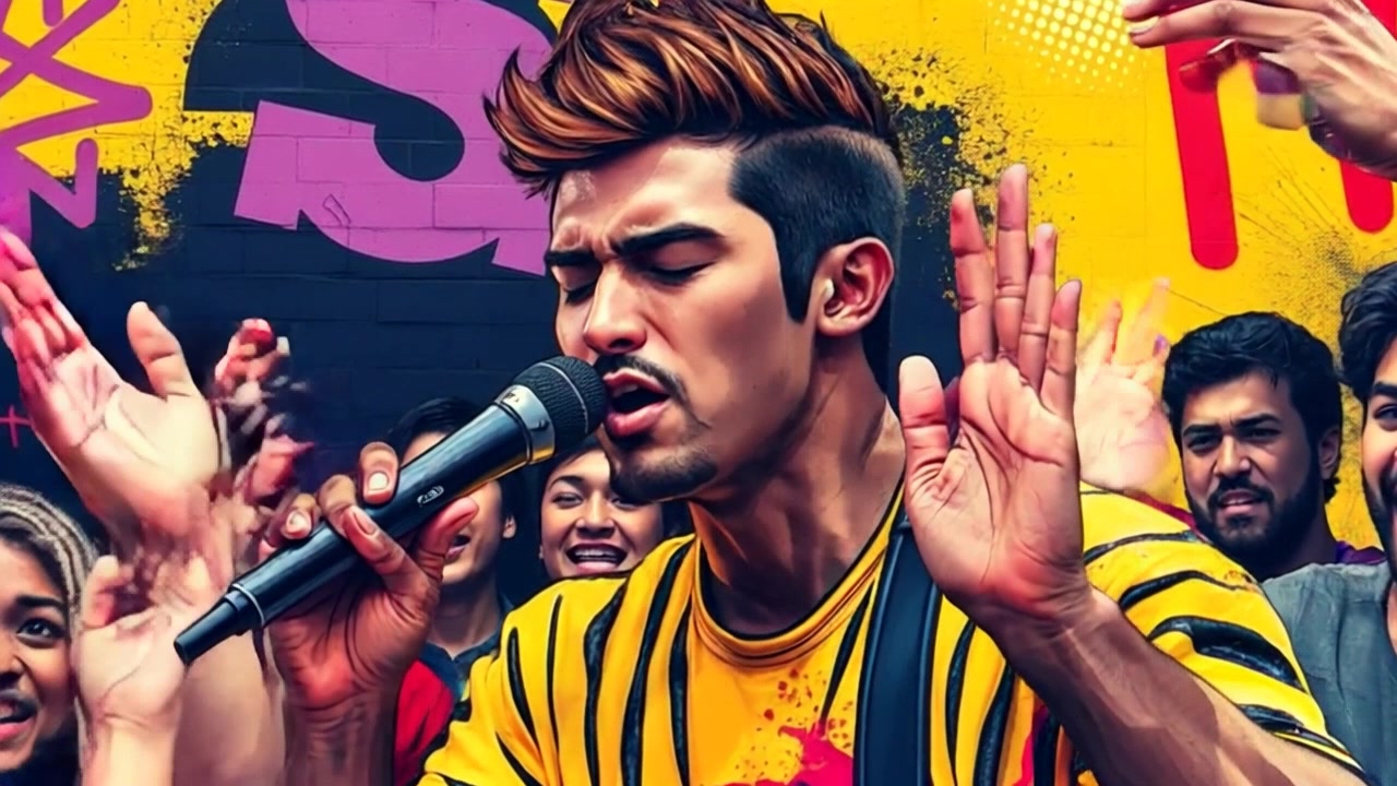 Subject: Most Valuable Mark passionately gesturing to an enthusiastic crowd while singing. Subject movement: Mark moves his hands expressively as he engages with the audience, who respond with energetic cheers and applause. Scene: Energetic atmosphere at a lively outdoor concert with fans waving and singing along. Style: Bright stage lighting combined with colorful ambient effects creating a vibrant mood. Motion: The camera steadily moves in closer to Mark while capturing the excitement of the crowd, transitioning from wide shots of the stage to intimate close-ups of his performance.