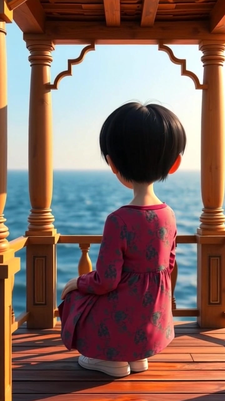 Subject: An elderly woman named Li sits contemplatively on a charming porch, gazing out at the vast sea. Subject movement: She adjusts her position slightly, shifting her weight as a gentle breeze stirs her hair. Scene: A quaint wooden porch overlooking the ocean, adorned with potted flowers and a soft, inviting atmosphere. Style: Soft morning light bathing the scene in warm tones, enhancing the serene mood. Motion: The camera slowly pushes in from a medium shot, capturing the tranquil view as it subtly zooms in on her thoughtful expression.