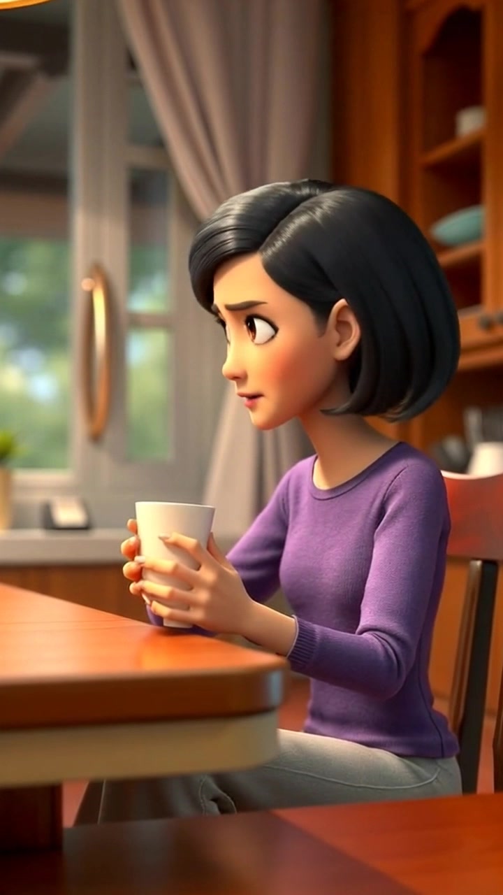 Subject: A person sitting at a wooden kitchen table, looking concerned while holding a cup. Scene: A cozy kitchen setting with warm wooden accents and sunlight filtering through the window, creating a calm yet tense atmosphere. Motion: Camera slowly pushes in on the subject’s face to capture the emotion, with soft ambient light enhancing the intimate mood.