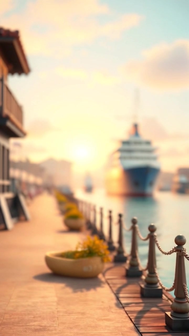 Subject: A young woman running excitedly towards the dock, her arms waving enthusiastically as a ship approaches the harbor. Subject movement: She sprints energetically, her hair flowing behind her, capturing the joy of the moment. Scene: Bustling harbor filled with boats, the sun glistening on the water, and a vivid blue sky in the background. Style: Bright, cheerful daylight with sparkling reflections on the waves. Motion: The camera follows her with a handheld tracking shot, capturing her movement as she advances toward the water's edge, with the ship gradually coming into view.