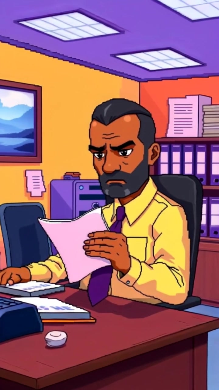Scene: Mr. Henderson seated at his desk in a neatly organized office, his expression one of annoyance as he scans the paper. Style: Soft ambient lighting highlighting the office's warm wood tones, creating a professional yet slightly tense atmosphere. Motion: Camera begins with a close-up of the paper before pulling back to reveal Mr. Henderson's frustrated demeanor, then pans slowly across the desk to capture the office's details.