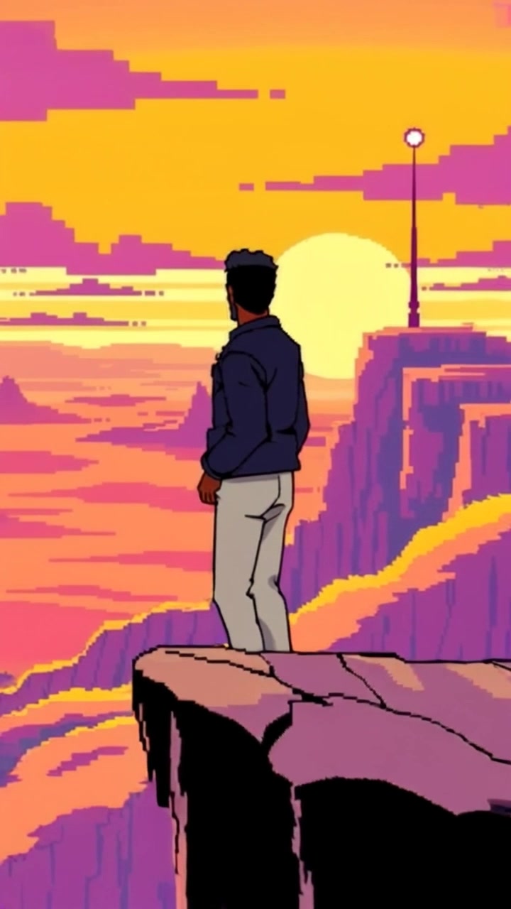 Scene: A figure standing on a cliff, overlooking a vast landscape as the sun sets behind them, casting warm hues across the sky. Style: Dramatic sunset lighting illuminating the scene with a golden glow, creating deep shadows and vibrant colors. Motion: Camera slowly pushes in towards the figure on the cliff, capturing the expansive view ahead, while the gentle breeze rustles nearby foliage.