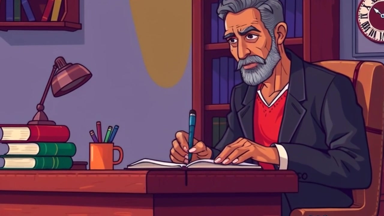 Subject: A person immersed in writing in a journal. Subject movement: The individual positively shifts their gaze between the pages of the journal and the stack of books, contemplating their next words. Scene: Cozy study with a wooden desk, warm lighting casting soft shadows, creating an inviting atmosphere. Motion: The camera performs a subtle push-in toward the subject, capturing the intense focus on their face and the intricate details of the journal, while the surrounding books create a sense of depth.