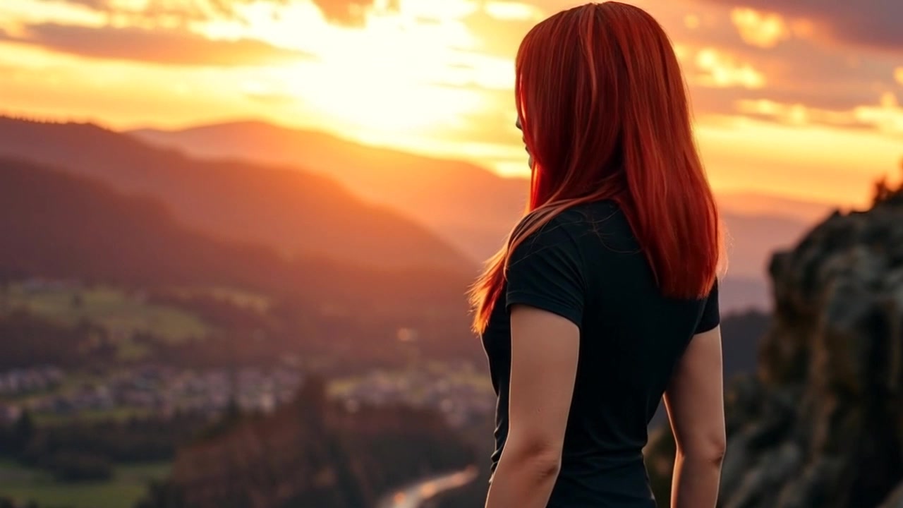 Subject: A confident figure standing at the edge of a cliff. Subject movement: The figure gazes out over the sprawling valley, with a slight breeze rustling their hair. Scene: A dramatic cliff overlooking a vast valley during sunset, with vibrant colors painted across the sky. Style: Warm golden hour lighting bathing the scene in rich hues. Motion: The camera gently pushes in from behind the figure, capturing the expansive landscape below as the figure stands tall, framed against the breathtaking sunset.