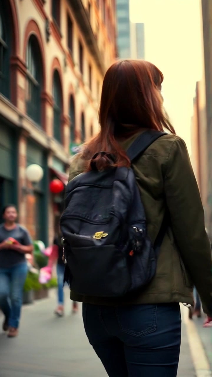 Subject: A young woman walking confidently through vibrant city streets. Subject movement: She strolls with purpose, a bright smile on her face as she explores her surroundings. Scene: Bustling urban environment filled with colorful storefronts and lively pedestrians, showcasing the energy of the city. Style: Warm, inviting afternoon light enhances the lively atmosphere of the street. Motion: The camera follows her smoothly from behind, capturing the dynamic cityscape on either side as she walks, emphasizing her sense of adventure.