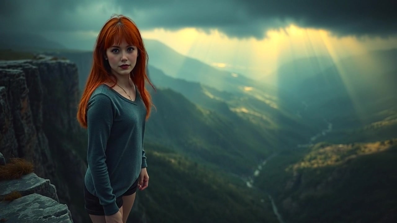 Subject: A figure standing at the edge of a cliff. Subject movement: The figure gazes intently over the expansive, mystical valley, with the wind gently flowing through their hair. Scene: Serene cliffside with a breathtaking view of the valley below, shrouded in ethereal mist and vibrant greenery. Style: Soft, diffused light creating a tranquil atmosphere as the sun sets in the background, casting a golden hue over the landscape. Motion: The camera slowly zooms in on the figure, then sweeps dramatically outwards to capture the vastness of the valley and the rolling hills fading into the distance.