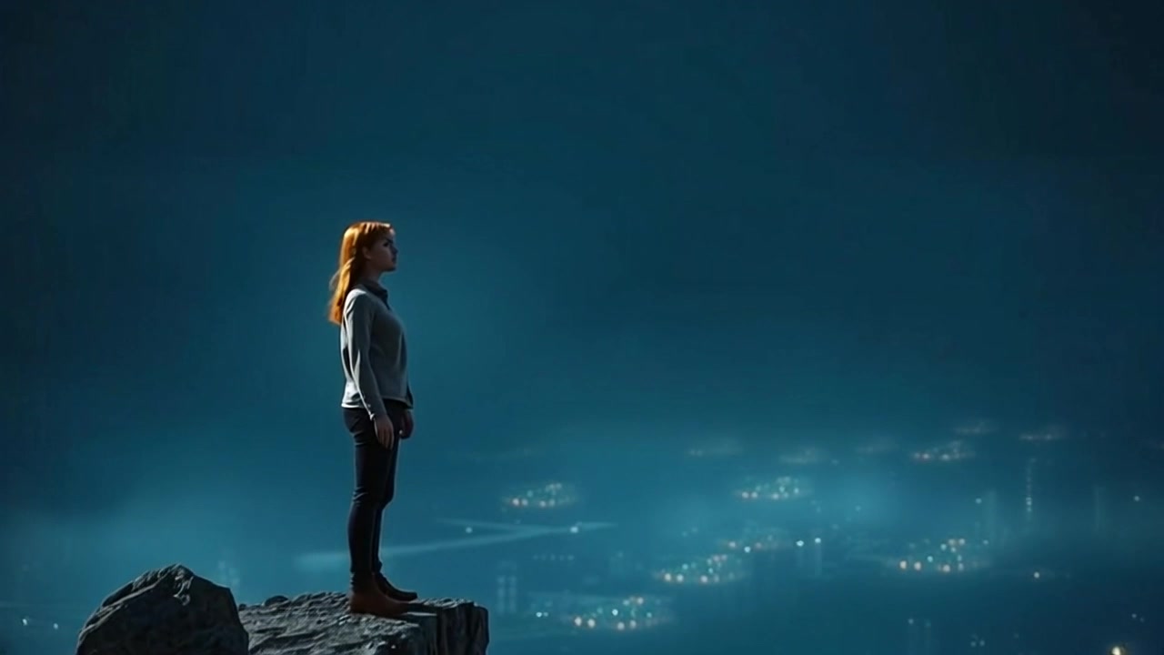 Subject: A determined figure standing at the edge of a cliff. Subject movement: The figure gazes resolutely into the horizon, exuding a sense of readiness for new adventures. Scene: Clifftop landscape overlooking a breathtaking view of the distant mountains and sky. Style: Ambient morning light casting soft hues across the scene, enhancing the feeling of possibility. Motion: The camera gently pushes in from a wide shot to a close-up, capturing the character's contemplative expression against the expansive backdrop, while the wind sweeps through the scene, adding a touch of drama to the moment.