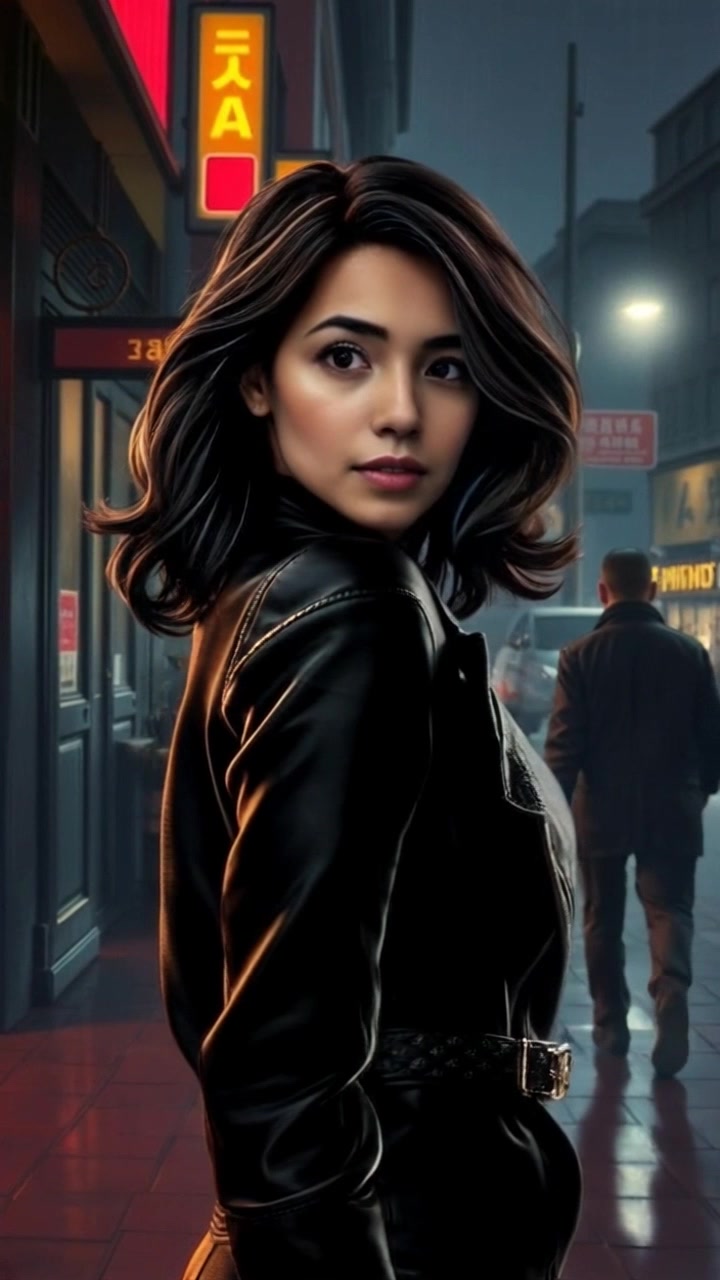 Scene: A shadowy figure looming behind a character named Laila as she turns her head to look back, set in a dimly lit room. Style: Subdued, atmospheric lighting enhances the tension, with shadows casting dramatic forms on the walls. Motion: The camera follows Laila's movement as she glances back, slowly pivoting to reveal the shadowy figure, creating a suspenseful and intimate frame.