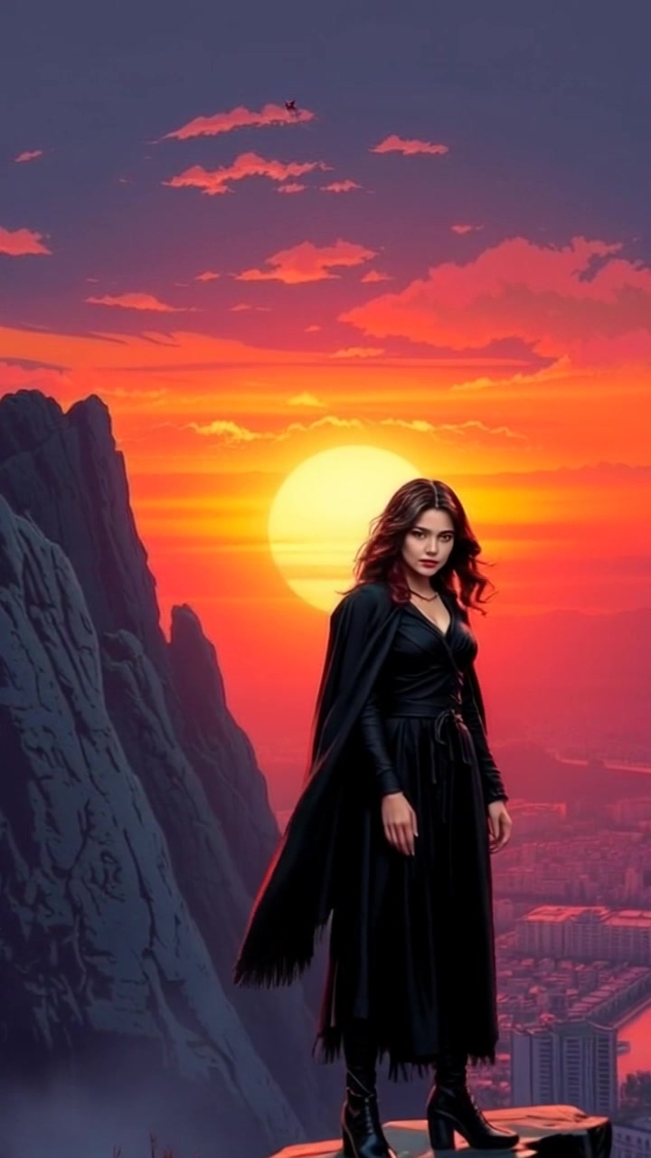 Subject: Laila standing confidently on a rocky cliff, gazing determinedly into the horizon. Subject movement: She remains still but resolute, embodying a powerful presence against the stunning backdrop. Scene: A breathtaking sunset paints the sky with hues of orange and purple, contrasting with the rugged cliff face. Style: Warm, ambient lighting enhances the dramatic nature of the scene, creating a captivating silhouette of Laila against the colorful sky. Motion: The camera slowly pushes in to capture Laila's unwavering expression, seamlessly transitioning to a panoramic view of the sunset landscape.