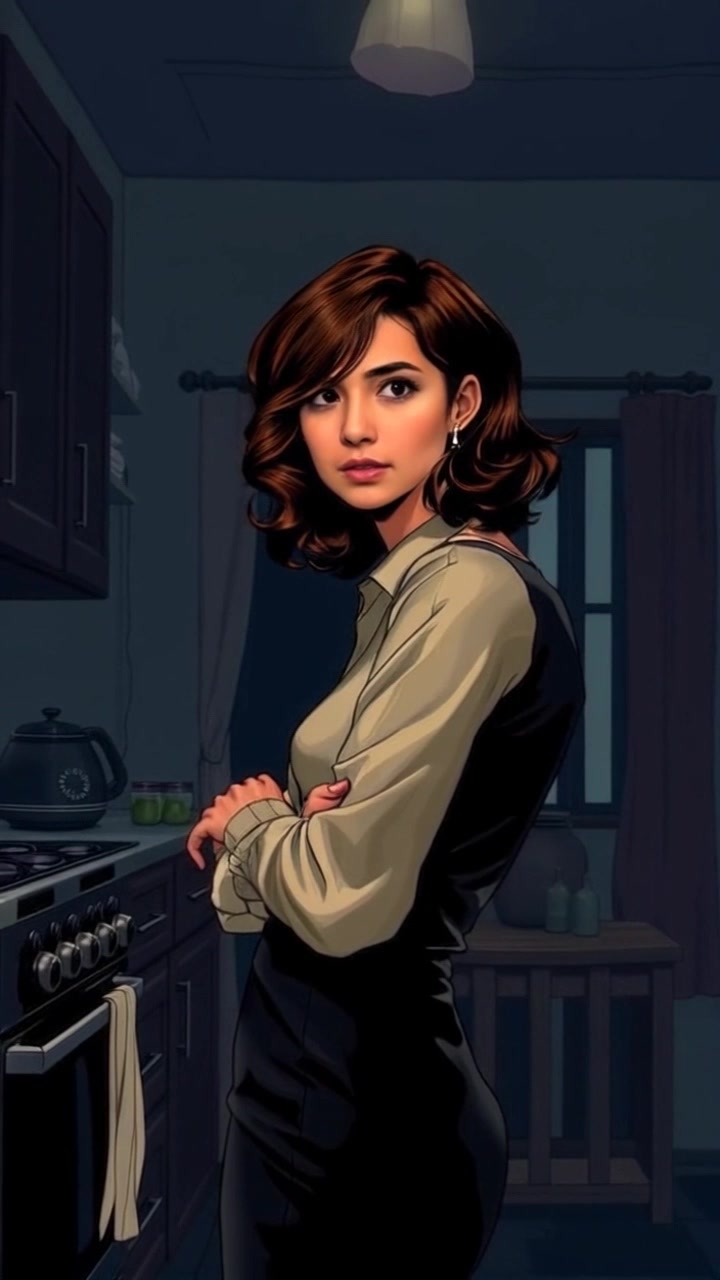 Subject: Laila in the kitchen, looking puzzled and glancing over her shoulder. Subject movement: She shifts her weight, turning slightly as she peers towards the empty living room behind her. Scene: A cozy, well-lit kitchen filled with homemade decor, with a visible transition to an empty, subtly shaded living room. Style: Soft, warm lighting illuminating the kitchen, creating a welcoming atmosphere. Motion: Camera starts with a close-up of Laila's expression, then gently pulls back, revealing more of the kitchen and the empty living room, heightening the sense of curiosity.