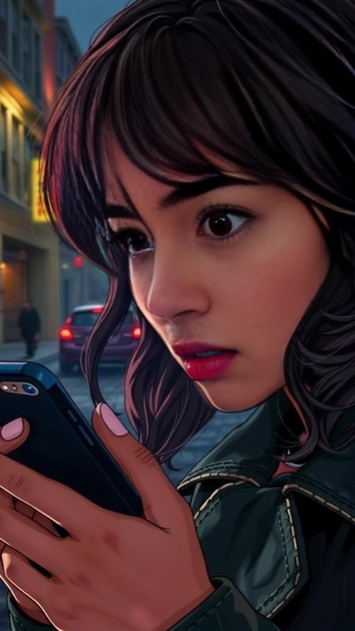 Subject: A young woman expressing shock while watching a video on her phone. Subject movement: She instinctively jerks back, her eyes wide, and then leans forward in disbelief. Scene: Close-up of her face, emphasizing her emotional reaction, with a blurred urban background suggesting a busy street. Style: Soft, warm lighting illuminating her features and creating highlights in her hair, with a shallow depth of field. Motion: Camera tracks gently around her face, capturing her changing expressions in real-time as the focus subtly shifts between her and the phone's screen.