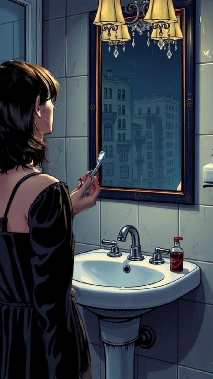 Subject: A person standing in front of a bathroom sink, holding a toothbrush. Subject movement: The person brushes their teeth while gazing into the mirror, with light movements of their head reflecting in the mirror's surface. Scene: Brightly lit bathroom with modern fixtures and a large mirror, emphasizing cleanliness and personal care. Style: Soft morning light filtering in, creating a fresh and inviting atmosphere. Motion: The camera gently pans around the individual, capturing their reflections and the details of the bathroom.