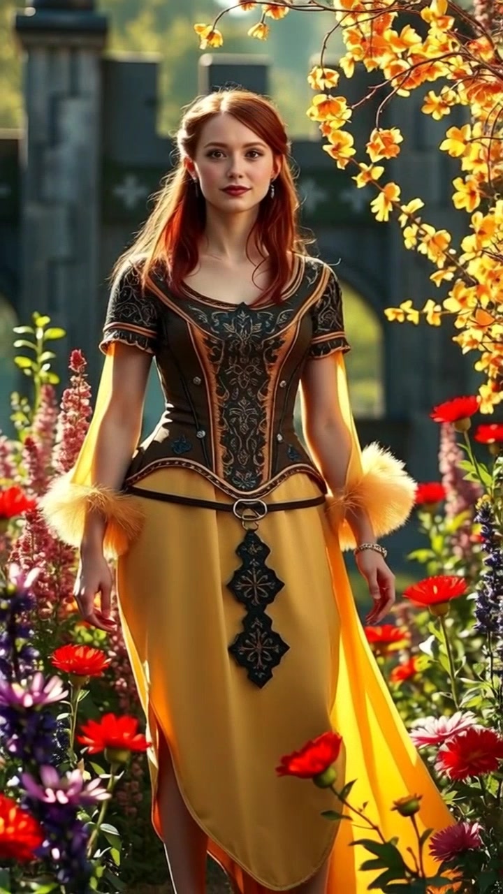 Subject: Princess Emma standing confidently in a vibrant sunlit garden surrounded by a riot of colorful flowers. Subject movement: She gracefully twirls, her flowing gown catching the light as she spins. Scene: A fairy-tale garden bursting with blossoms, dappled sunlight filtering through the leaves. Style: Warm, inviting illumination enhancing the vivid colors of the flowers and greenery. Motion: Camera begins with a slow push in on Emma, capturing her elegance, then pans out to reveal the full beauty of the garden.
