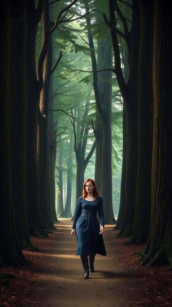 Subject: A determined figure walking forward. Subject movement: Emma strides confidently along a winding forest path. Scene: A tranquil forest densely populated with tall trees, sunlight streaming through the leaves, creating dappled shadows on the ground. Style: Warm, inviting morning light illuminating the rich greens of the foliage. Motion: Camera follows Emma closely with a smooth dolly shot, gradually pulling back to capture the beauty of the forest around her as she progresses along the path.