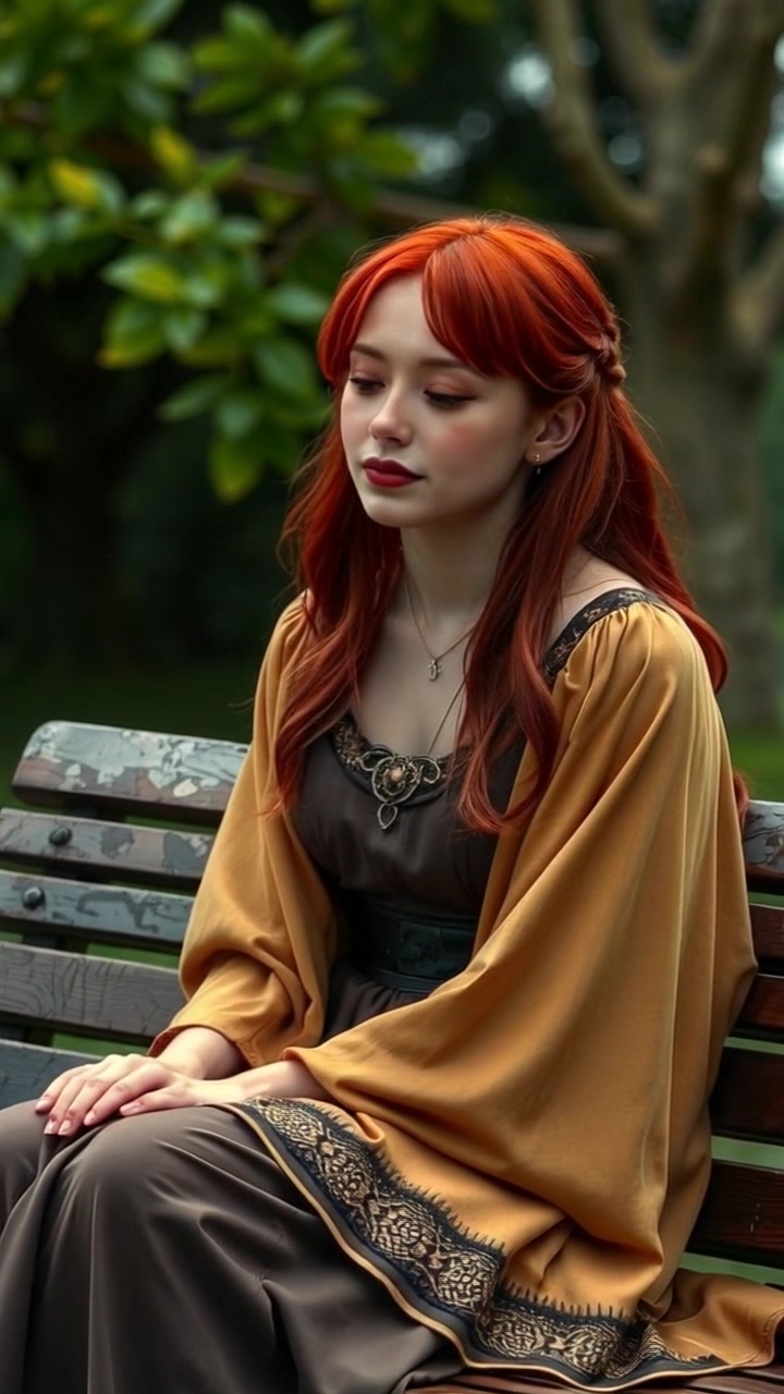 Subject: A young woman sitting on a park bench, appearing contemplative with tears glistening in her eyes. Subject movement: She wipes a tear from her cheek as the camera slowly pushes in closer to capture her emotional expression. Scene: A serene park setting with lush greenery around and soft, dappled sunlight filtering through the leaves. Style: Gentle morning light creating a soft and intimate atmosphere. Motion: The camera gradually dolly in, focusing on her face while blurring the background, enhancing the feeling of solitude.
