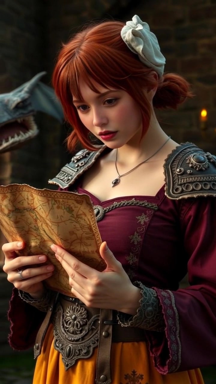 Subject: Emma examining a worn map with great focus. Subject movement: As she tilts the map closer, her eyes scan the intricate details, occasionally tracing paths with her fingers. Scene: A cozy cabin interior filled with rustic furnishings, soft ambient light filtering through a window. Motion: The camera slowly pushes in to capture the intensity of her concentration, with a slight zoom-in on her hands as they navigate the map's creased surface.