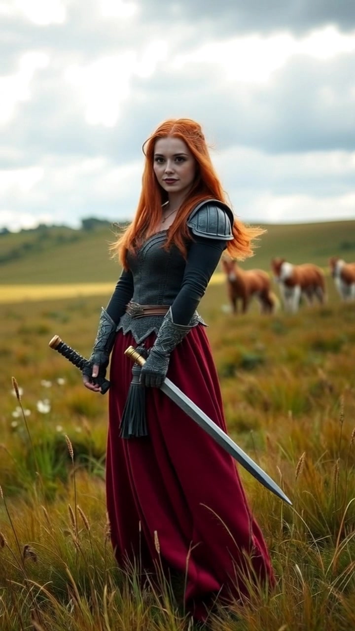 Subject: A confident figure standing in a grassy field. Subject movement: The figure's fiery red hair flows dramatically in the wind. Scene: Sunny grassy field with a blue sky backdrop, gentle rolling hills in the distance. Style: Bright daylight illuminating the scene, creating an inviting atmosphere. Motion: The camera slowly pushes in towards the figure, capturing the movement of the hair and the expansive field around her.