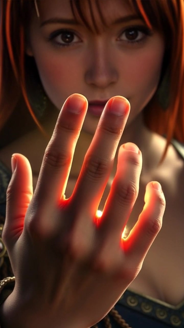 Scene: A close-up of fingers glowing softly in a dimly lit room, with a mystical ambiance surrounding the hand. Style: Ambient lighting emphasizing the ethereal glow around the fingertips, creating an inviting yet mysterious atmosphere. Motion: The camera slowly pushes in, capturing the subtle movements of the fingers as they gently play with the light, revealing the enchanting energy emanating from the hand.