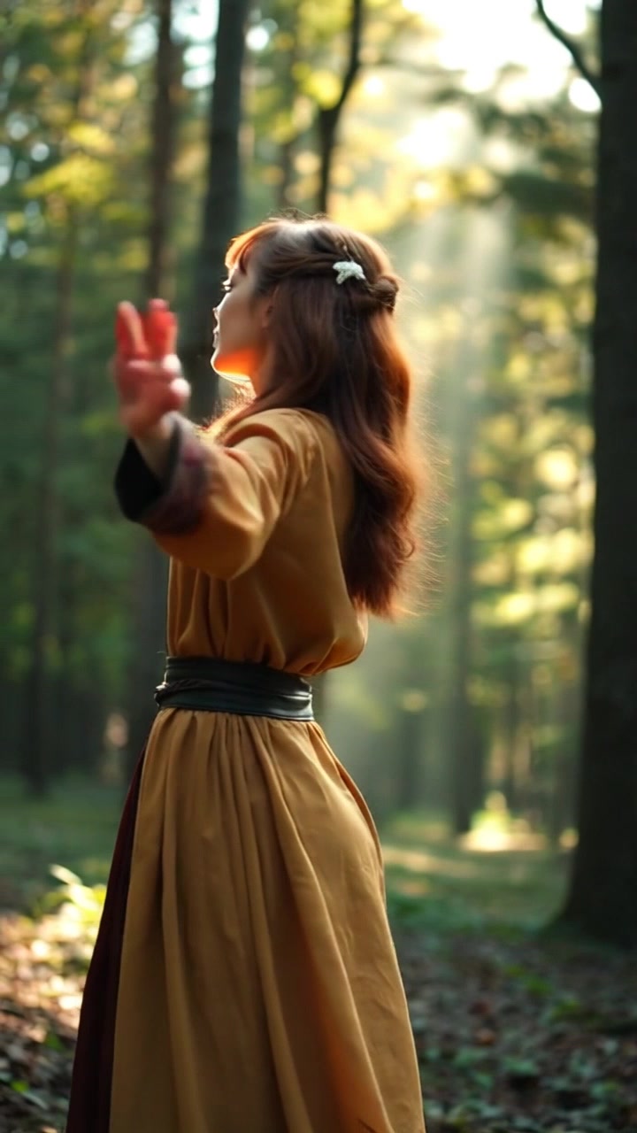 Subject: A figure standing amidst towering trees in a vibrant forest. Subject movement: The figure spins gracefully, arms outstretched as she connects with nature. Scene: Lush forest filled with tall, green trees, sunlight filtering through the leaves, creating dappled patterns on the forest floor. Style: Bright, sunny lighting accentuating the warmth of the moment. Motion: Camera performs a slow, circular dolly shot around the figure, highlighting her interaction with the surrounding nature, as the leaves dance in the gentle breeze.