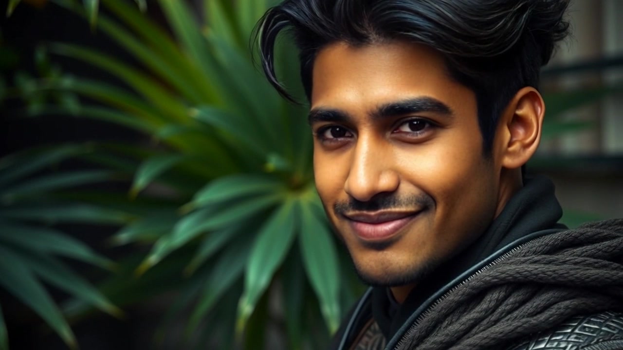 Subject: A person smiling gently. Scene: Close-up of a person with lush greenery surrounding them, creating a serene and vibrant atmosphere. Style: Soft, diffused lighting emphasizing the warmth of the moment. Motion: Camera slowly pushes in for an intimate feel, capturing the subtle expressions on their face as they engage with the natural beauty around them.