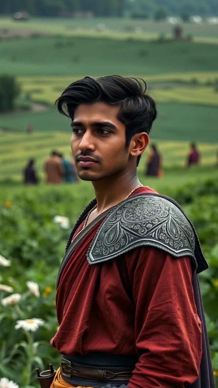 Subject: A person named Arjun standing in a lush green field, observing the scene around him. Subject movement: Arjun shifts slightly, turning his head to take in the surroundings. Scene: A vibrant green field with softly swaying grass and others visible in the background, providing a sense of community and connection. Style: Bright, natural daylight illuminating the field, creating a warm and inviting atmosphere. Motion: The camera slowly pushes in towards Arjun, capturing his subtle movements and the serene beauty of the environment.
