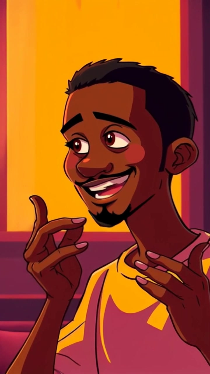 Subject: A man playfully gesturing with his hands, smiling as he talks. Subject movement: He leans forward, animatedly engaging with an unseen audience. Scene: A cozy living room with warm, inviting décor and soft morning light streaming through the windows. Motion: The camera slowly pushes in, focusing on the man's expressive movements and joyful demeanor, capturing the engaging atmosphere of the conversation.