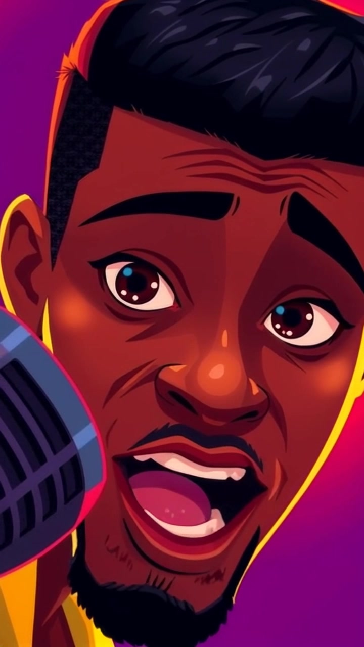 Scene: A close-up of an excited character leaning eagerly towards a microphone, the background slightly blurred to emphasize the subject’s expression. Style: Bright and playful lighting, enhancing the cheerful atmosphere of the setting. Motion: Camera slowly pushes in, creating a sense of anticipation as the character prepares to speak, capturing every detail of the eager expression.